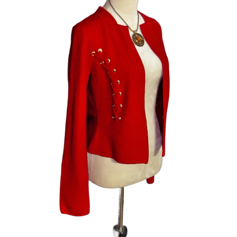 Cache ~ Women's Small ~100% Wool ~ Red Blazer Jacket W/ Lace Up Detail Hook Loop - Picture 5 of 16